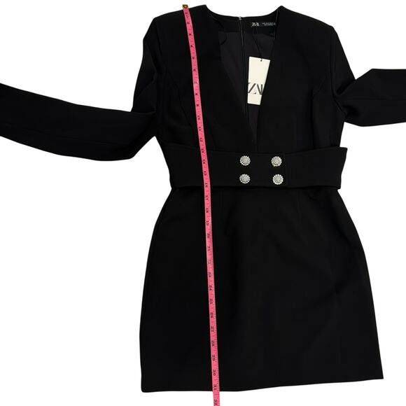 Zara NWT Black Shoulder Pads Mini Dress with Belt with Pearls & Rhinestones. - Picture 10 of 10